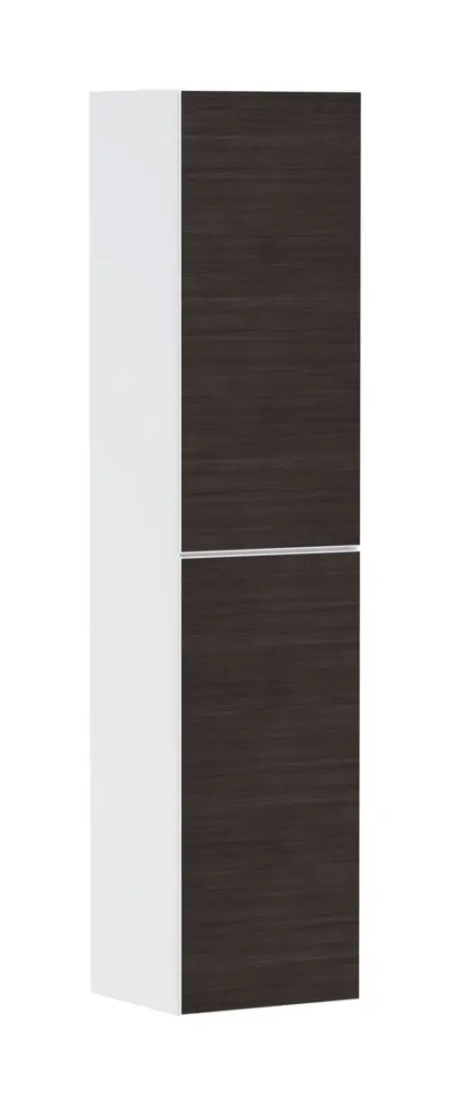 Hochschrank mit zwei Türen, einer matte weiße Seite und einer dunklen Holzoptik, von Hansgrohe, linksanschlagend montierbar.